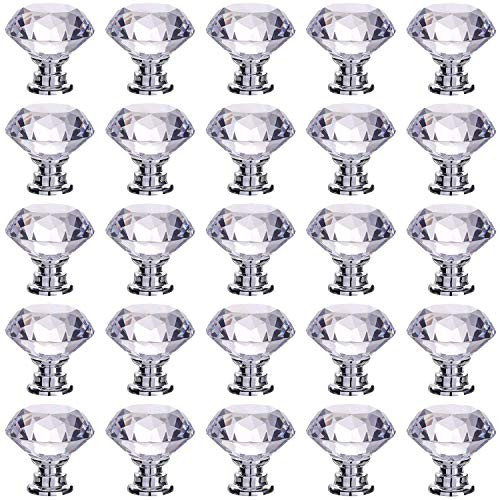 NVTED Cabinet Knobs Drawer Pulls, Diamond Shape Crystal Glass Drawer Cabinet Pull Knob Handle Kitchen Door Wardrobe Hardware -25 Pieces, Silver-