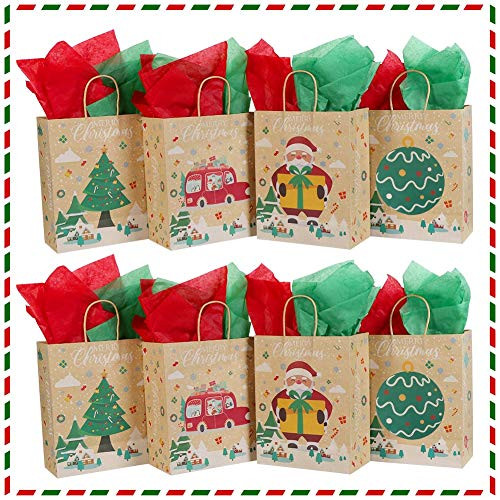 OurWarm 24PCS Christmas Kraft Gift Bags Assorted, Christmas Treat Bags Holiday Gift Bags with Tissue Paper, Paper Christmas Bags Goodie Bags Cookie Bags Xmas Gift Bags for Party Favors