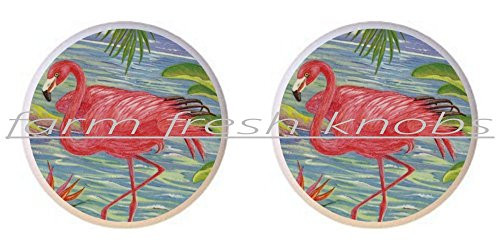 SET OF 2 KNOBS - Flamingo -257388 - Flamingos - DECORATIVE Glossy CERAMIC Cupboard Cabinet PULLS Dresser Drawer KNOBS