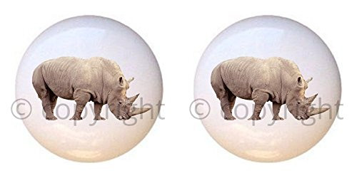 SET OF 2 KNOBS - Rhino - African Wildlife Safari Animals - DECORATIVE Glossy CERAMIC Cupboard Cabinet PULLS Dresser Drawer KNOBS