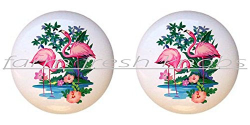 SET OF 2 KNOBS - Flamingo -ani105 - Flamingos - DECORATIVE Glossy CERAMIC Cupboard Cabinet PULLS Dresser Drawer KNOBS