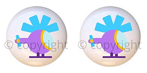 SET OF 2 KNOBS - Helicopter - Transportation I by PP - DECORATIVE Glossy CERAMIC Cupboard Cabinet PULLS Dresser Drawer KNOBS