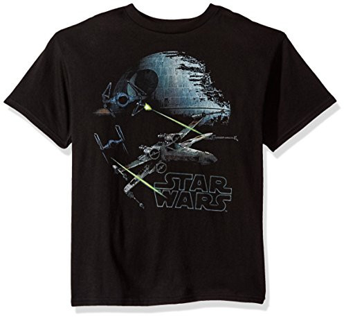 STAR WARS Boys' Big Epic Space Fighter Wing Death Star Graphic Tee, Black, YXL