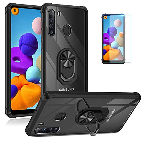 Hamnor Compatible with Samsung Galaxy A21 Case, Galaxy A21 Phone Case with Kickstand  and  Screen Protector, Ultra Slim Fit Clear Case, Shockproof Bumpers, Phone Case Cover for Samsung Galaxy A21