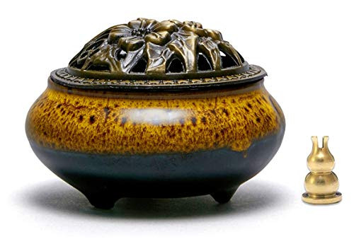 avena Incense Burner Ceramic Cone/Coil Incense Holder Ash Catcher Tray Bowl with Brass Calabash Incense Holder (Yellow)