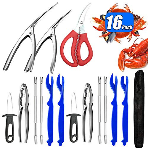 16 Pcs Seafood Tools Set and Crab  and  Lobster Crackers,4 Crab Leg Forks, 4 Lobster Shellers,2 Crab Crackers, 2 oyster knife,2 Shrimp Deveiner Tool,1 Seafood Scissors  and  Storage Bag,Kitchen utensil