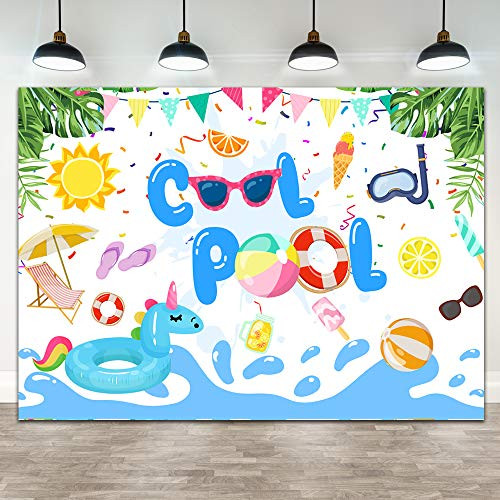 7x5ft Summer Cool Pool Party Backdrop Swimming Pool Balls Beach Kids 1st Birthday Photography Background Splish Splash Lifebuoy Summer Theme Party Banner Decorations
