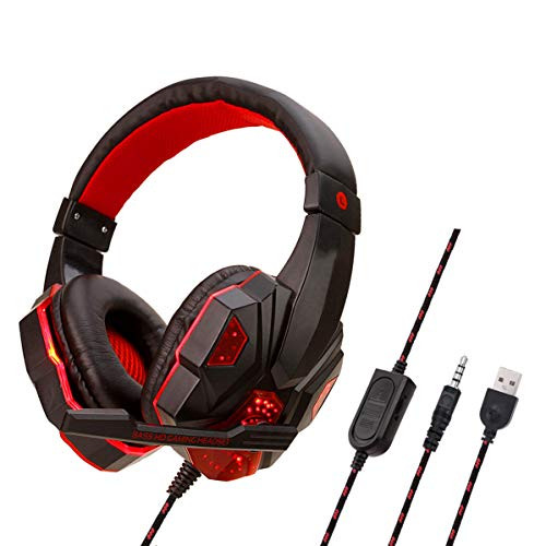 YOUPECK Stereo Gaming Headset for Xbox One, PS4, PC, Over Ear Gaming Headphones with Noise Cancelling Mic LED Light, Stereo Bass Surround, Soft Memory Earmuffs for Smart Phone, Laptops, Tablet -RED-
