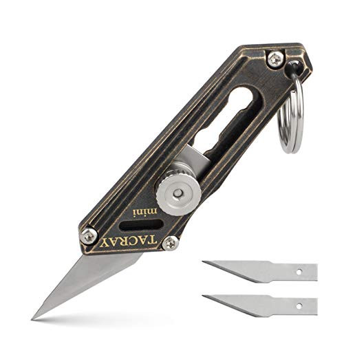 FEGVE Brass Black Mini Box Cutter - Keychain Pocket Knife, Compact Retractable Knife with Replaceable Blade and Key-Ring Hole, EDC Utility Knife -Brasss Black-