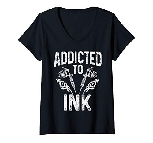 Womens Addicted To Ink Tattoo Artist Tattoed Inked Gift V-Neck T-Shirt