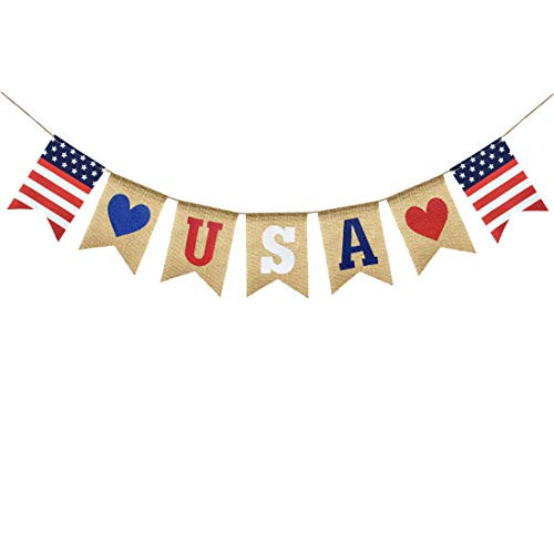 Uniwish USA Banner Burlap Bunting 4th of July Decorations American Independence Day Celebration Red White and Blue Theme Party Supplies