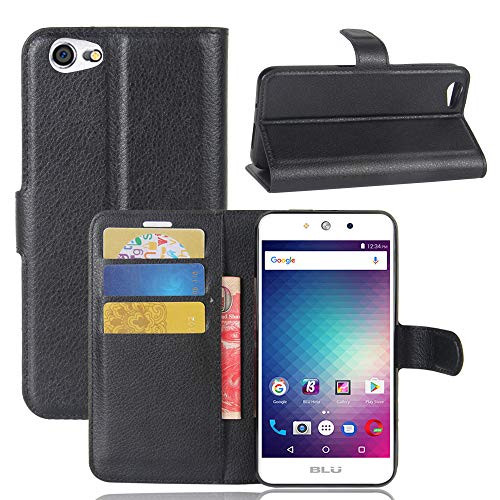 BLU Grand M Case, Wrist Strap PU Leather Wallet Flip Folio Cover Phone Case with Touch Screen Stylus Pen Card Slots Holder Kickstand for BLU Grand M -Black-