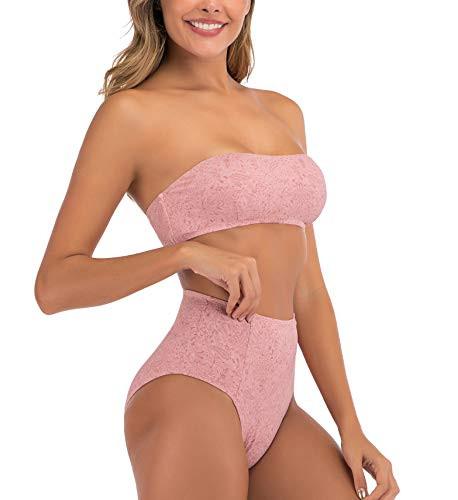 Supersun Women Sexy Bikini Swim-Suits Tummy Control - High Waisted Swimsuits Two Piece Bathing Suits Bandeau Bikini Set Pink