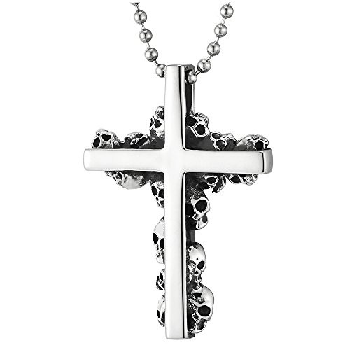 COOLSTEELANDBEYOND Stainless Steel Mens Gothic Skull Cross Pendant Necklace with 23.6 inches Steel Ball Chain