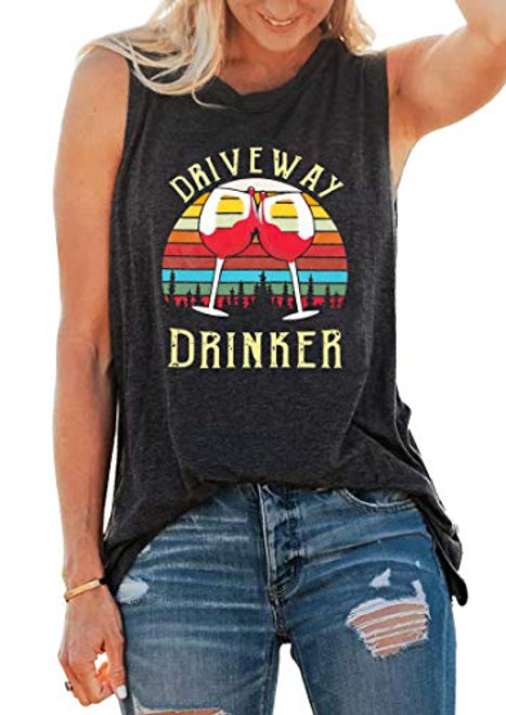 LAZYCHILD Driveway Drinker Shirts Tank Tops Women Sleeveless Wine Graphic T Shirt Drink Lovers Vest Tees Cami -Grey, Medium-