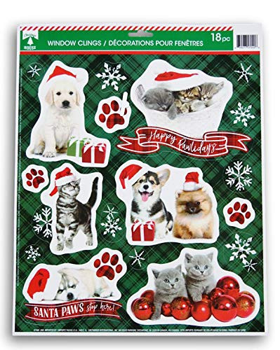Pets Window Clings - Dogs, Cats, Kittens  and  Puppies Static Window Decals -Christmas Holiday- 18 Piece