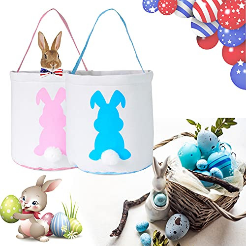 Easter Baskets for Kids, 2 Pack Easter Bunny Basket, Easter Egg Hunt Basket for Kids, Easter Bunny Basket Canvas Tote with Fluffy Tails for Egg Hunts, Party, Toys, Candy and Gifts -Pink,Blue- Easter Baskets for Kids, 2 Pack Easter Bunny Basket, Easter Egg Hunt Basket for Kids, Easter Bunny Basket Canvas Tote with Fluffy Tails for Egg Hunts, Party, Toys, Candy and Gifts -Pink,Blue-