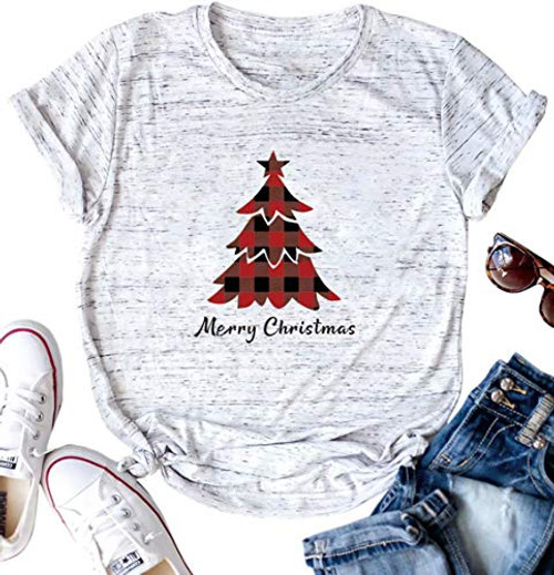 Merry Christmas Shirt Women Leopard Plaid Trees Print Casual O Neck Short Sleeve Tshirt Top Merry Christmas Shirt Women Leopard Plaid Trees Print Casual O Neck Short Sleeve Tshirt Top