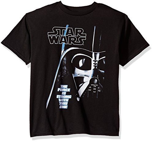 STAR WARS Boys' Big Vader Face Force is Strong Graphic Logo Tee, Black, YM