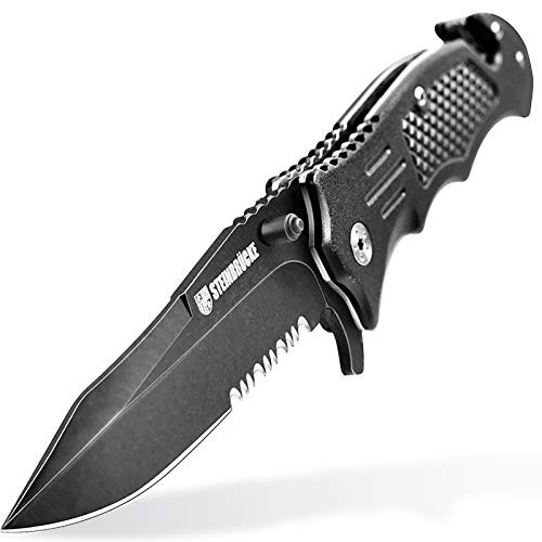 Tactical Knife - Pocket Folding Knife for Men Stainless Steel 8Cr15Mov 3.4 Inch Blade, EDC Pocket Knife with Clip for Outdoor Camping Hunting -with Glass Breaker and Belt Cutter-