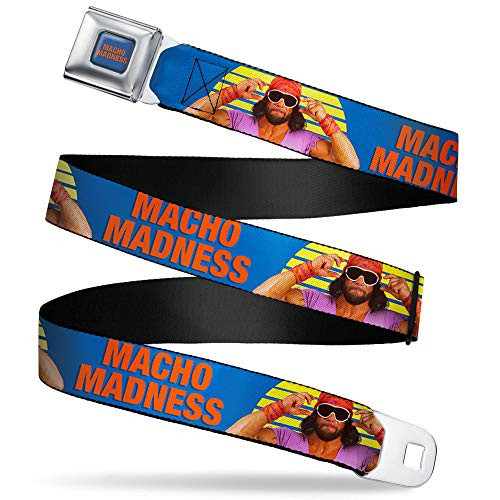 Macho Man Randy Savage MACHO MADNESS Blue/Orange Seatbelt Belt - Macho Man Randy Savage Pose/MACHO MADNESS Blue/Yellow/Orange Webbing REGULAR