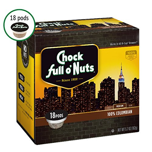 Chock Full oNuts Single-Serve Coffee Pods, 100% Colombian Medium Roast - Premium Arabica Coffee - Compatible with Keurig K-Cup Brewers (18 Count)
