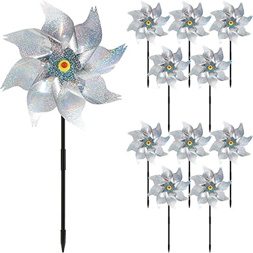 Ratar 12 Pieces Bird Scare Pinwheels, Holographic Pinwheel Bird Scaring Pinwheels Mylar Reflection Spinners Garden Spinners for Yard and Garden -Silver-