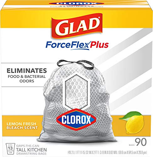 Glad Tall Kitchen Trash Bags ForceFlex Plus with Clorox, 13 Gallon, Lemon Fresh Bleach Scent 90 Count -Package May Vary-, White-gray, Lemon Fresh