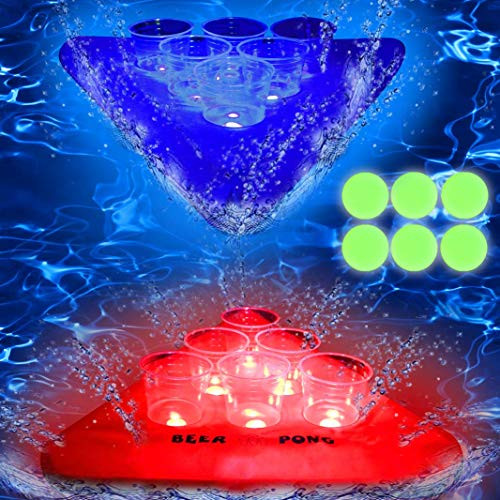 28.7in28.7in Glowing in The Dark Beverage Pong Inflatable Rack, Floating Pool Pong Beverage Pong Rack for Pool Games for Adults, Includes 2 Rafts 12 Cups and 6 Pong Balls, Red  and  Blue