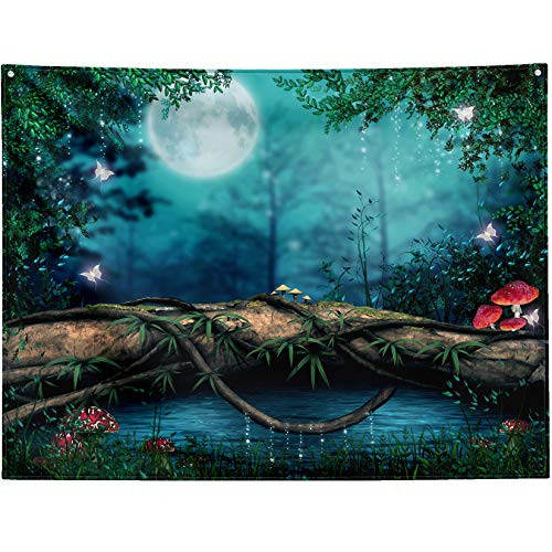 Fantasy Forest Tapestry,Fairy Forest Tapestry,Fairytale Forest Tapestry Wall Hanging,Magical Mushroom Magic Butterflies Tree Log Enchanted Pond Wall Tapestry for Bedroom Living Room Large 80x60