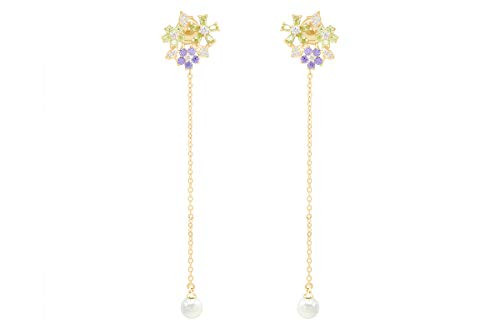 Multi-color Cubic Zirconia  and  Shell Pearl Flower Chain Dangle Earrings In 925 Sterling Silver