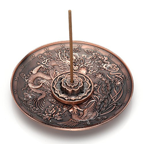CrystalTears Vintage Brass Incense Burner Holder,Dragon and Phoenix Stick Incense Burner, Backflow Incense Burner,Ash Catcher Nine Hole Type Design (Red Copper)