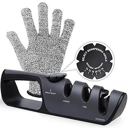 Knife Sharpener,3-Stage Kitchen Knife and Scissor Sharpeners,Knife Sharpening Tool with Adjustable Angle Button,Chef Knife Sharpener Kit Helps Repair Blades Quickly,Cut Resistant Glove Included,Black