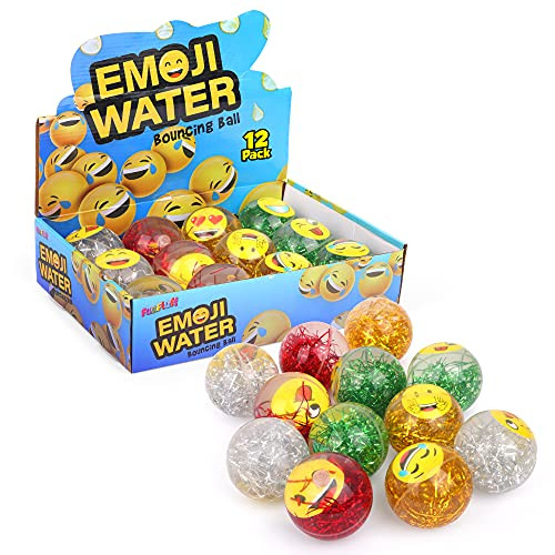 Playkidz Emoji Water Filled Bouncy Balls - Rubber Balls for Kids Glitter Filled - 12 Pack Large High Bouncing Ball, Bounce Balls, Party Favors Balls