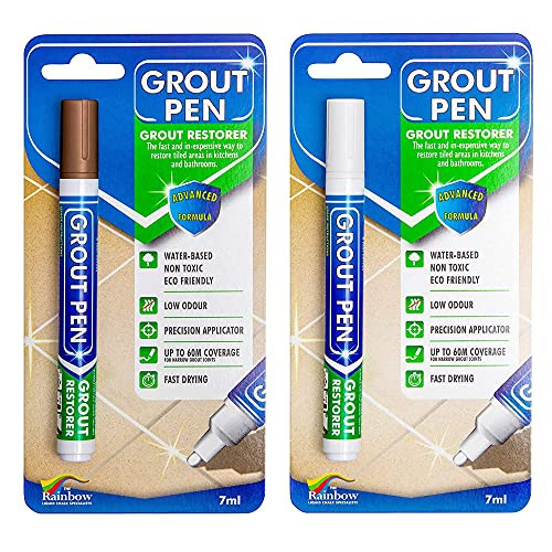 Grout Pen Tile Paint Marker- Waterproof Grout Colorant and Sealer Pen to Renew, Repair, and Refresh Tile Grout - Cleaner Coating Stain Pens - 2 Pack, 5mm Narrow Brown and 5mm Narrow White Tip