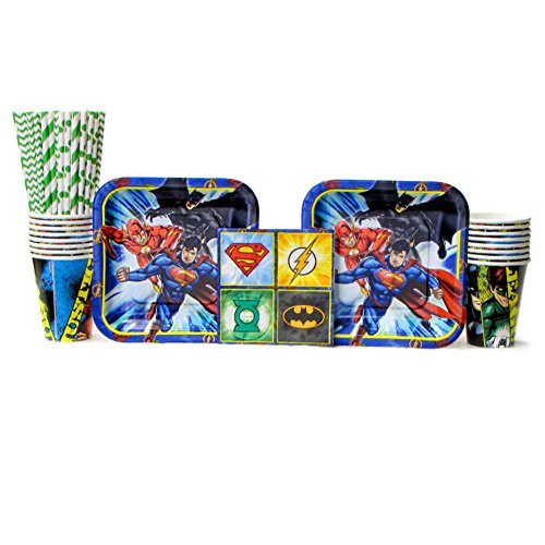 Cedar Crate Market DC Comics Justice League Superheros Birthday Party Supplies Pack Bundle for 16 Guests - Straws, Lunch Plates, Luncheon Napkins, and Cups