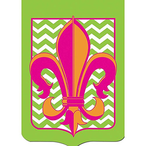 Pink Orange Fleur de Lis on Green Chevron 18 x 13 Shield Shape Double Applique Small Garden Flag