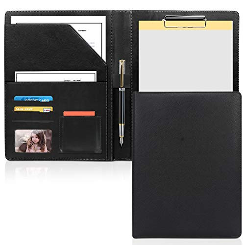 Toplive Resume Padfolio Portfolio Folder, PU Leather Business Document Organizer Letter Size with Clipboard Receipt Sleeve and Card Holder, for Interview, Conference and Presentation,Black