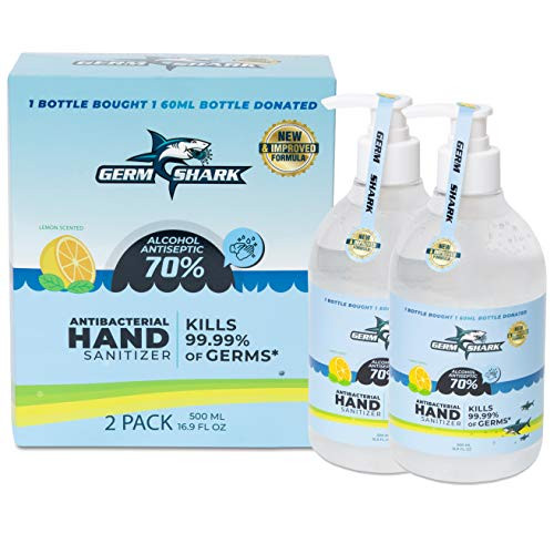 Germ Shark Lemon Scented Hand Sanitizer Gel with Alcohol - Set of 2 -two- 500ml -33.8 ounces total- Pump Bottles of Hand Sanitizer with Alcohol - 70 percent Ethyl Alcohol