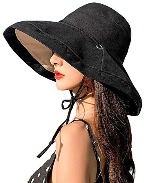 Women's Sun Hat Packable Reversible Bucket Hat UV Sun Protection Wide Brim Summer Beach Cap -Black- Women's Sun Hat Packable Reversible Bucket Hat UV Sun Protection Wide Brim Summer Beach Cap -Black-