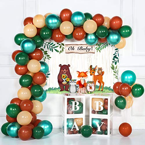 toohoo Woodland Baby Shower Decorations Boy, Woodland Baby Shower Decorations for Girl, Woodland Creatures Baby Shower Girl, Woodland Animals Backdrop with Brown Balloons Garland Arch Kit
