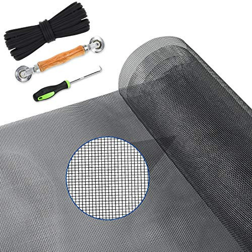 Yoochee Window Screen Replacement with Rolling Tool Retainer Spline and Steel Hook, Durable Fiberglass Screen Roll, DIY Adjustable Screen Mesh for Windows Doors -48" x 117", Gray-