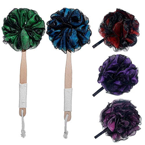 Joewisen Luffa Back Scrubber with Bamboo Charcoal - Lufas For Men  and  Women - 2 Loofah Sponge with Long Handle wood for Shower  and  3 Bath sponge - Body Exfoliating Loofah on a Stick