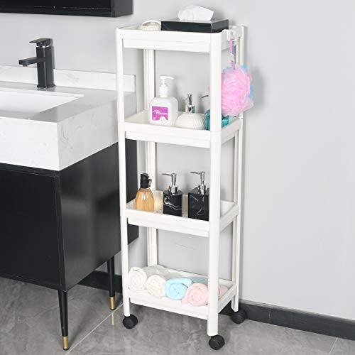 EXILOT 4 Tier Bathroom Organizers Slide Out Storage Shelves Mobile Shelving Unit Organizer Rolling Utility Cart with Casters Wheels for Bathroom Kitchen Laundry Narrow Places storage and organization.