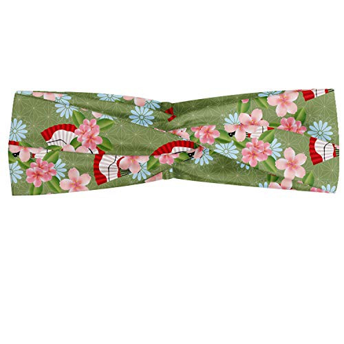 Lunarable Green Oriental Headband, Cluster of Spring Flower Hand Fan Scattered on Geometric Background, Elastic and Soft Women's Bandana for Sports and Everyday Use, Multicolor