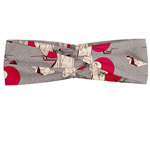 Lunarable Japanese Headband, Geisha with Paper Umbrella and Hand Fan on a Greyscale Background, Elastic and Soft Women's Bandana for Sports and Everyday Use, Grey Beige and Ruby