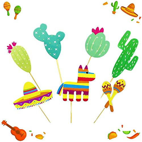 Dr.Luck 70Pcs Fiesta Cupcake Toppers Mexican Fiesta Party Cake Decoration for Mexican Themed Cactus Donkey Taco Pepper Sombrero Mustache Party Decorations Cake Picks Decor Set