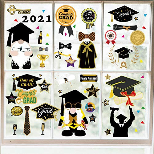 Graduation Decorations 2021-Window Clings, 9 Sheets Double Sided Printed Window Decals, Black Graduation Themed Window Stickers Decor for Party Supplies