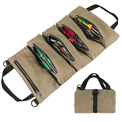 Roll Up Tool Bag, Super Tool Roll Bags, Canvas Tool Roll Pouch, Multi-Purpose Wrench Tool Roll Organizer Hanging Pouch Tote Carrier Bag with 5 Zipper Pockets for Electrician HVAC Mechanic -Khaki-