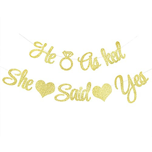 PALASASA He Asked She Said Yes Banner, Paper Sign for Wedding, Engagement, Bridal Shower Party Gold Glitter Decorations -Gold-